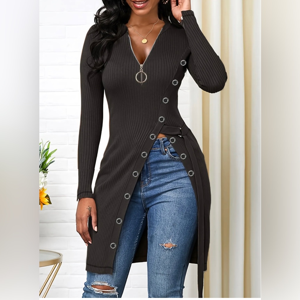Solid Zip Up Split Knit